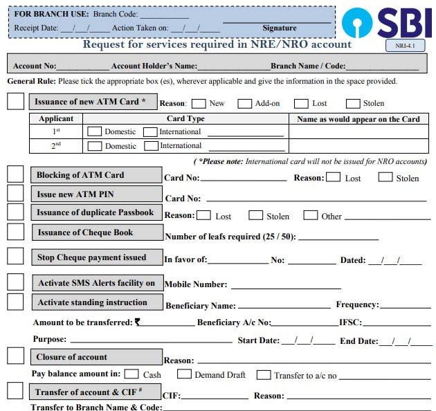 SBI Cheque Book Request Form Download