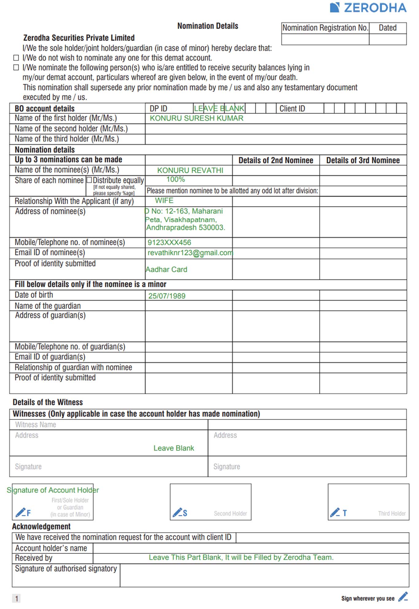 How to Fill Nomination form Zerodha (Zerodha Nomination Form Sample)