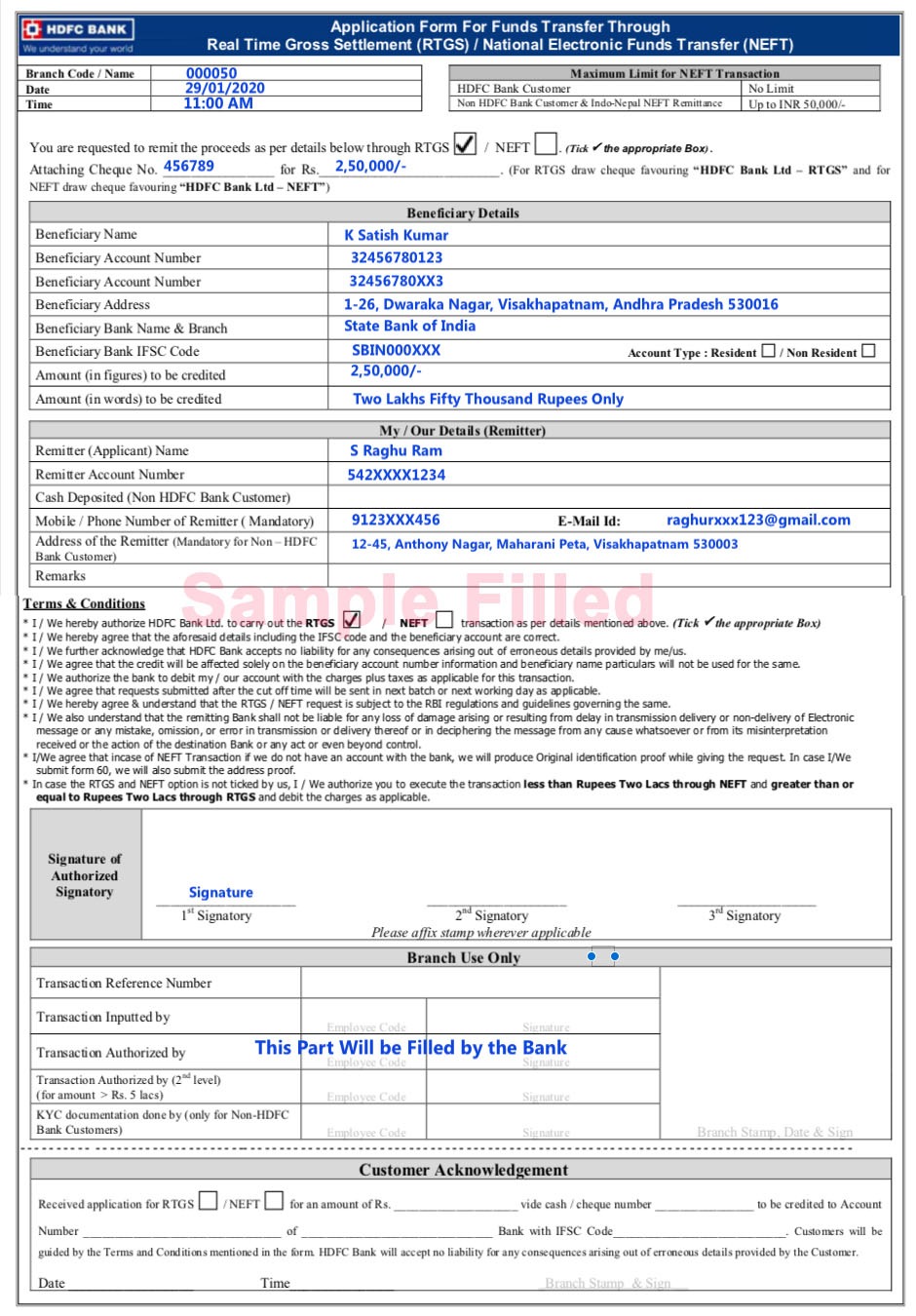 HDFC RTGS form filling sample