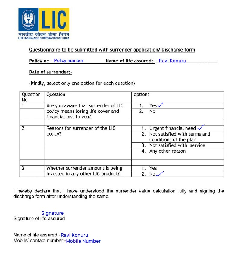 LIC surrender form questionnaire