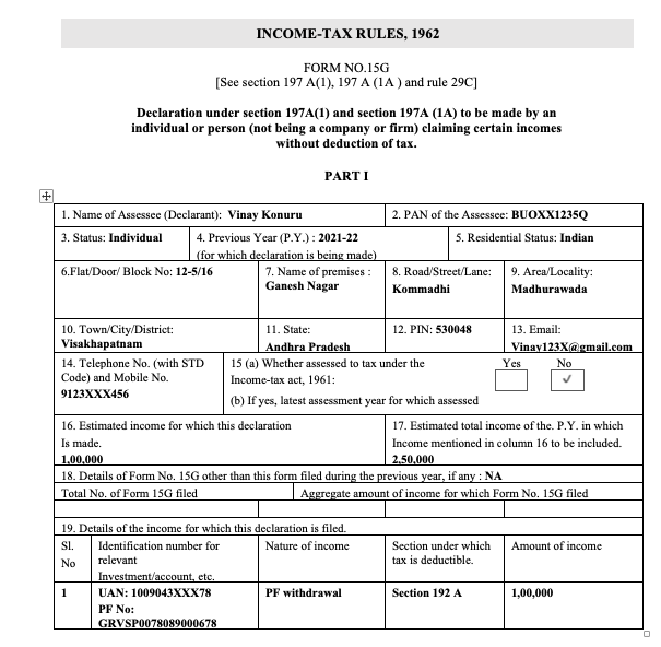 Form 15G download in Word Format