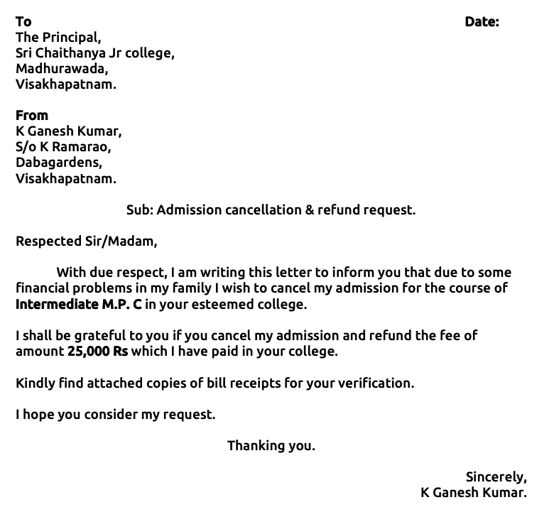 Application for admission cancellation and refund of fee