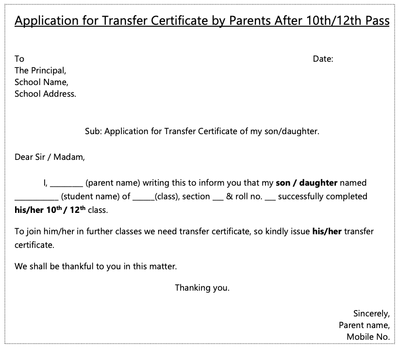 Application for transfer certificate by parents after 10th/12th pass
