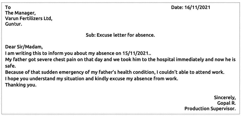 Excuse letter for being absent from work due to emergency