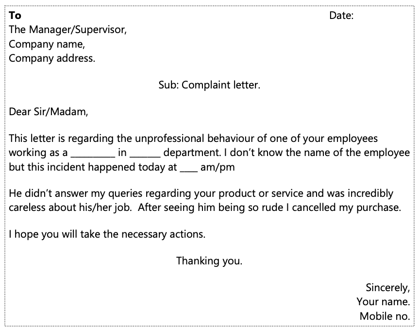 Sample of complaint letter against a person with rude behavior & attitude