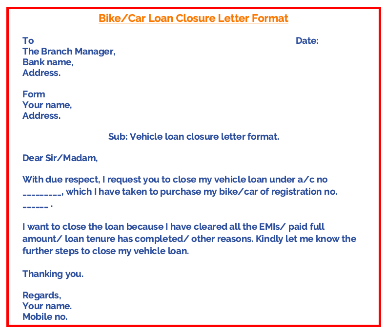 Bike / car loan closure letter format in word sample