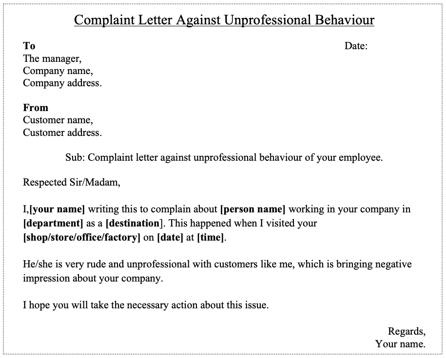 Sample of Complaint Letter Against A Person with Unprofessional Behavior