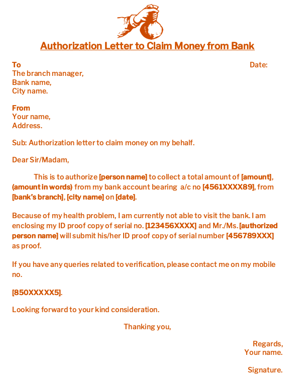 Authorization letter to claim money from bank.