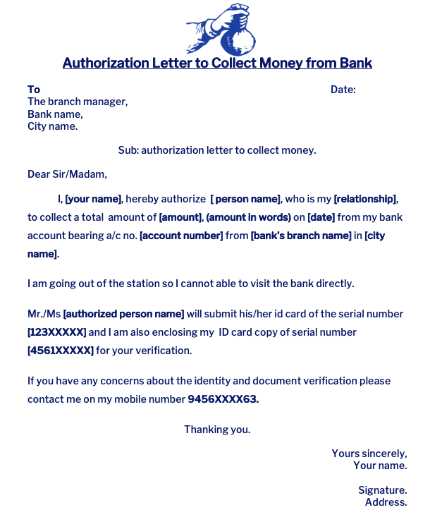 Authorization letter to collect money from bank.