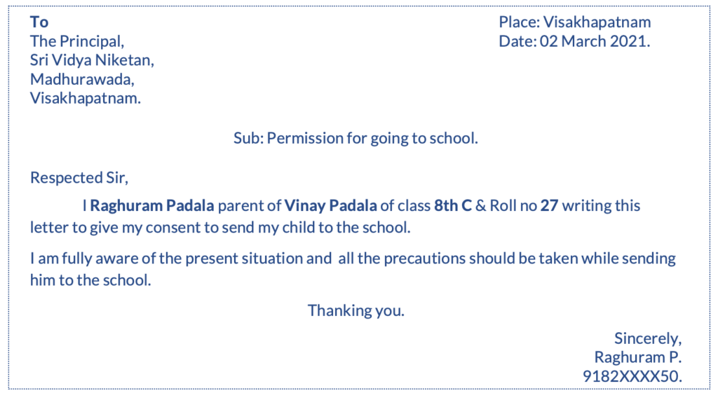 Parents Permission Letter for Going to School in Covid 19