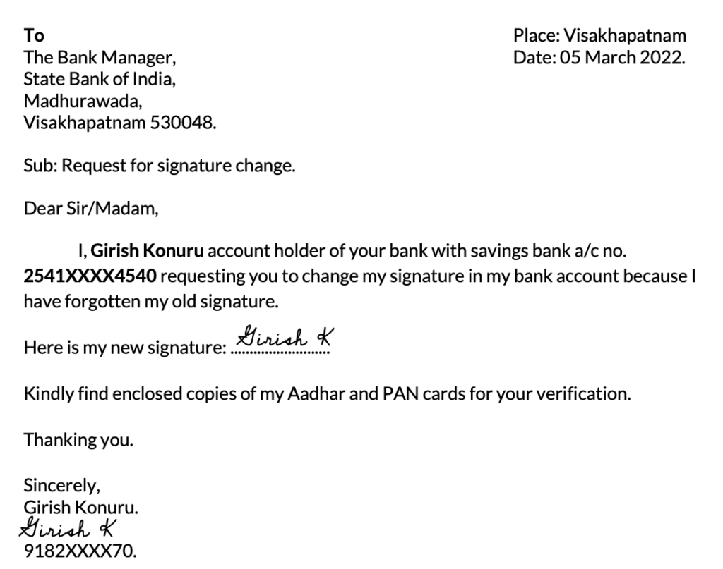 Application for signature change in bank account