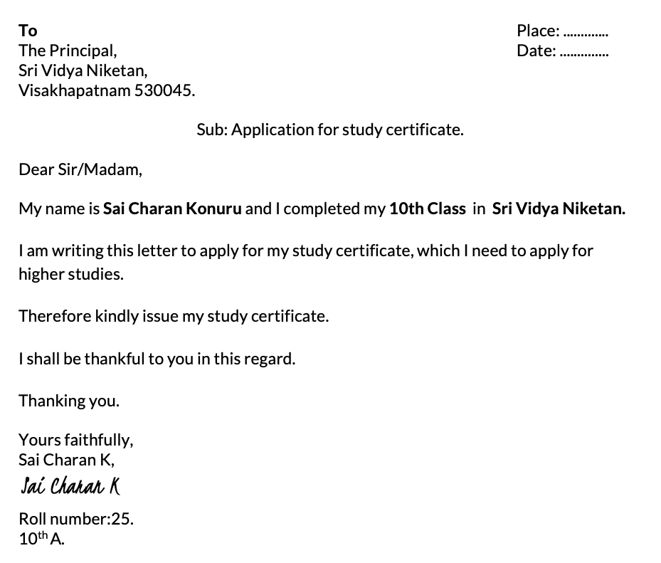 Study certificate letter to principal