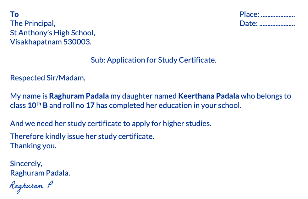 Study certificate application to school from parents