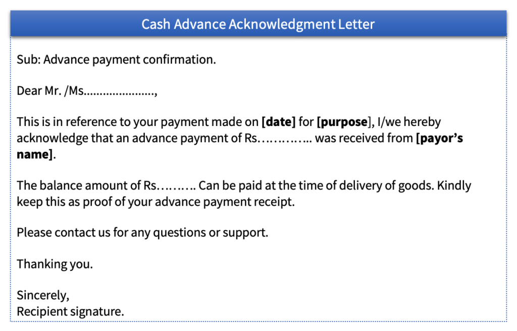 Cash advance acknowledgement letter