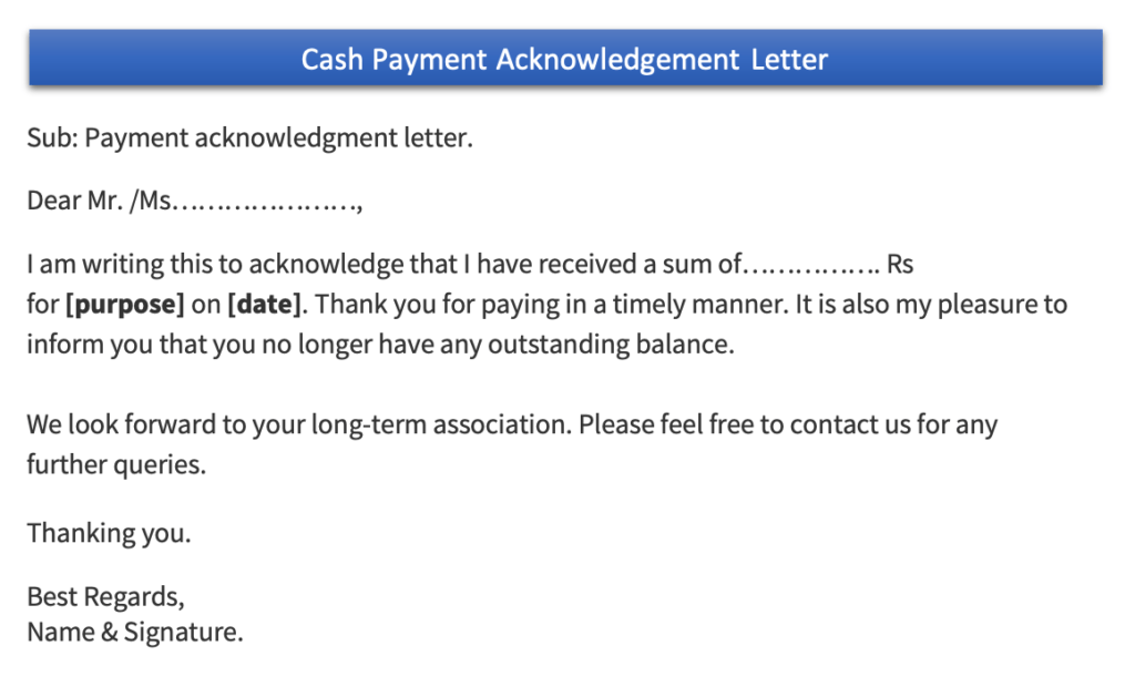 Cash payment acknowledgement letter sample