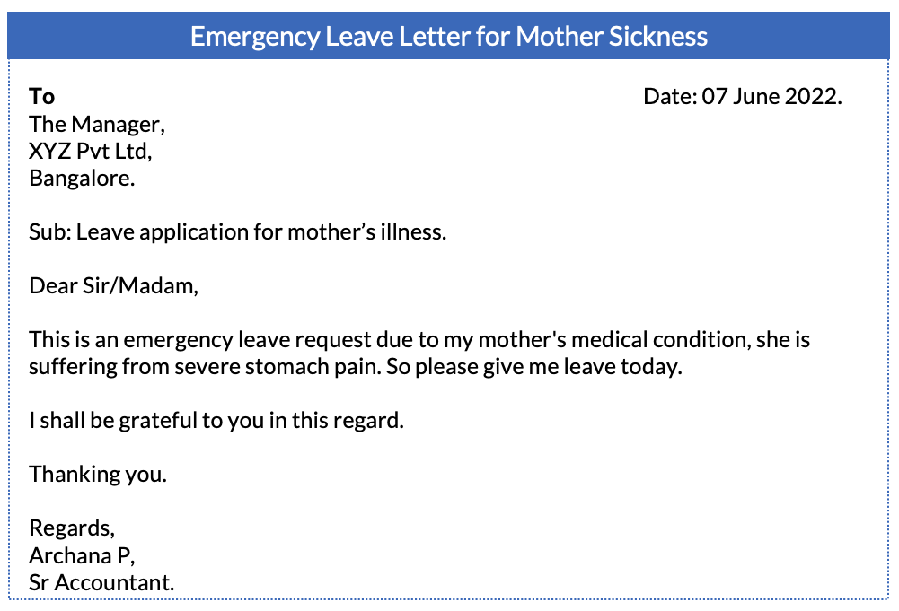 Emergency leave letter for mother sickness