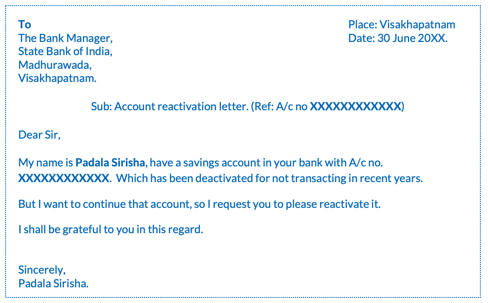 SBI account reactivation letter
