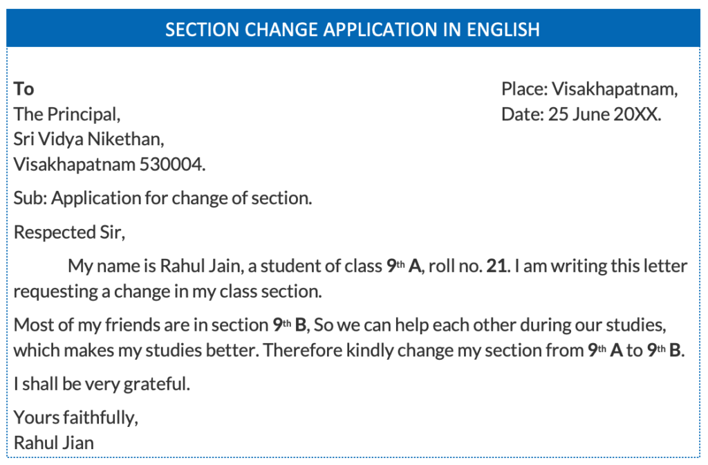 Section change application in English to principal