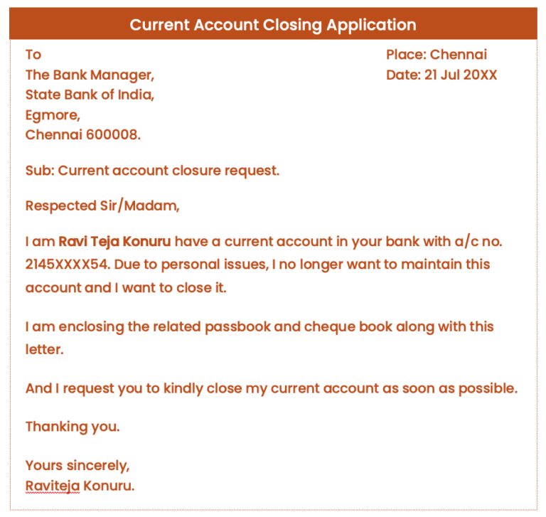 bank account close application letter in english