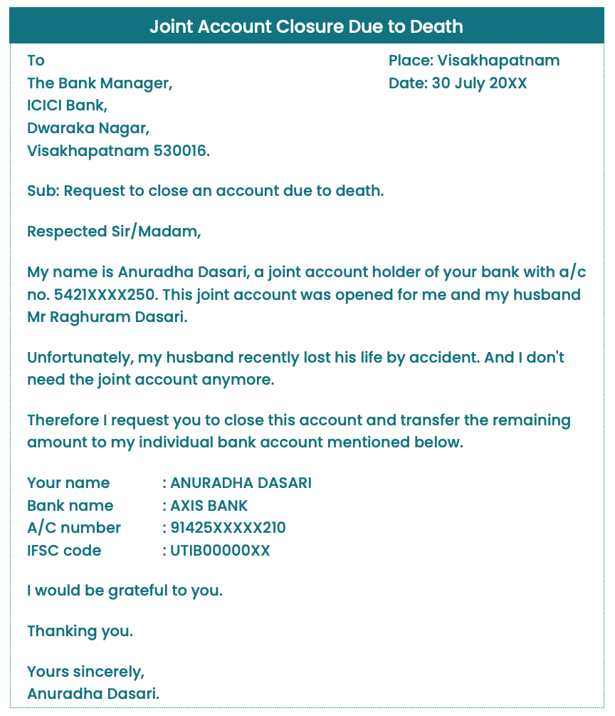 Joint account closing application due to death
