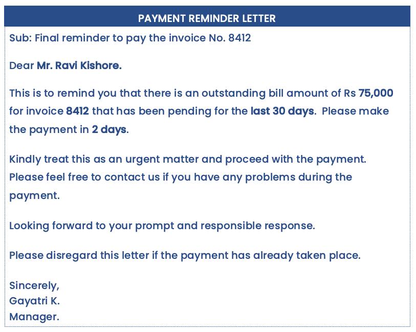 Official payment reminder letter format