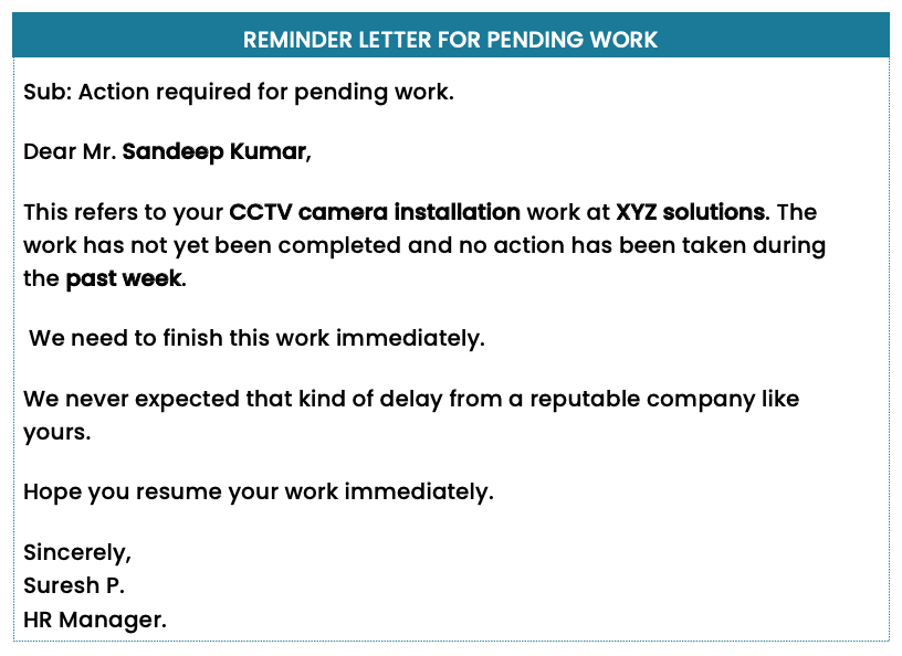 Reminder letter for pending work