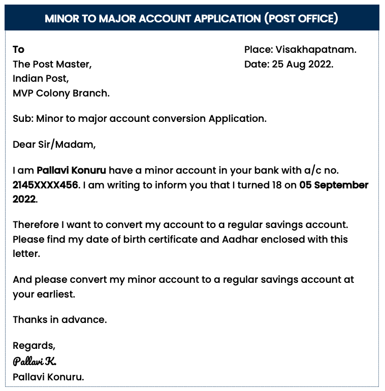 Minor to major account application (post office)
