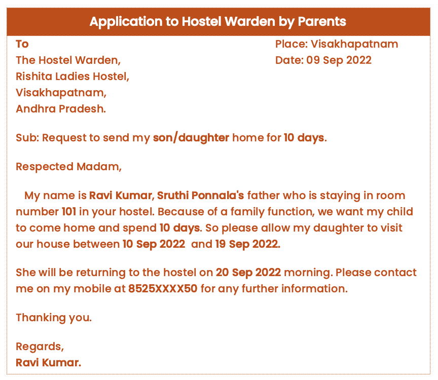Application to hostel warden by parents