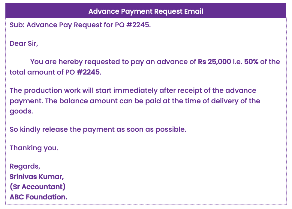 Advance payment request email