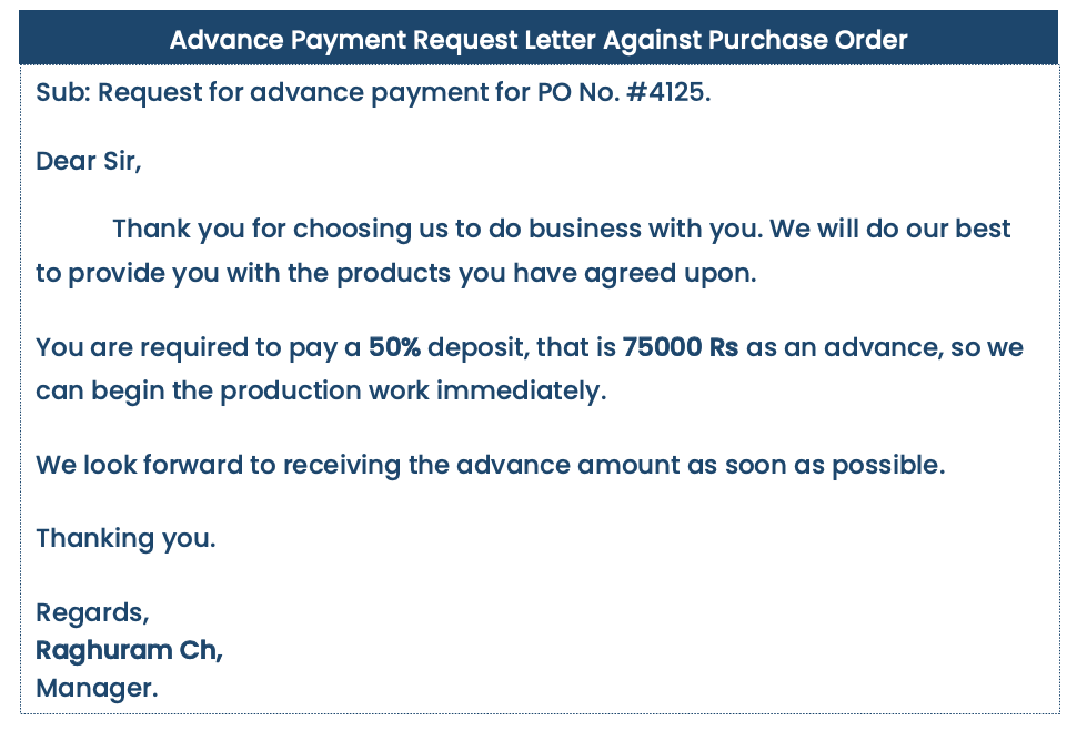 Advance payment request letter against purchase order