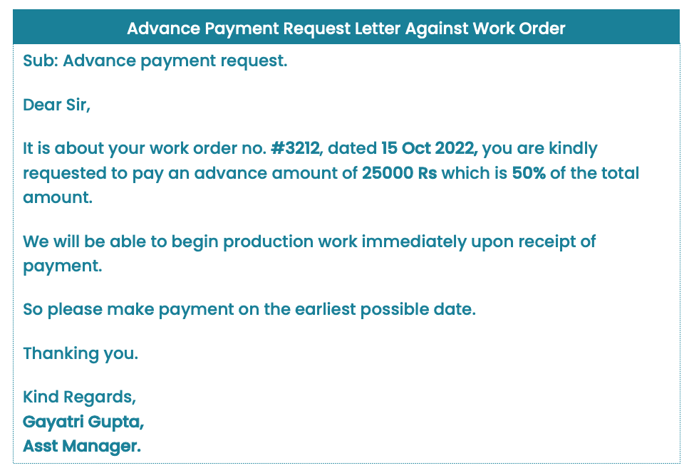 Advance payment request letter against work order