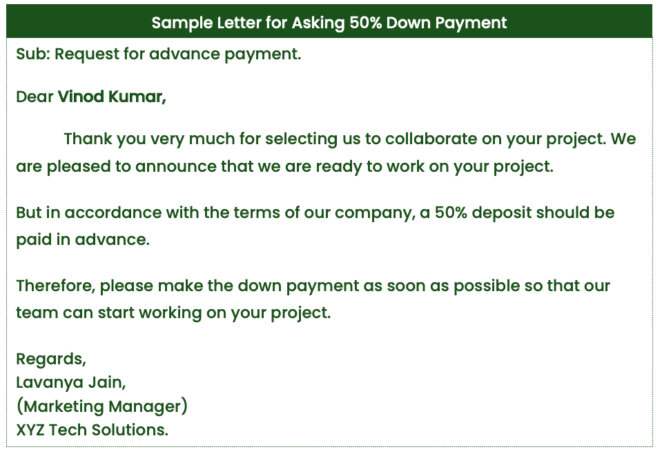 Sample letter for asking 50% downpayment