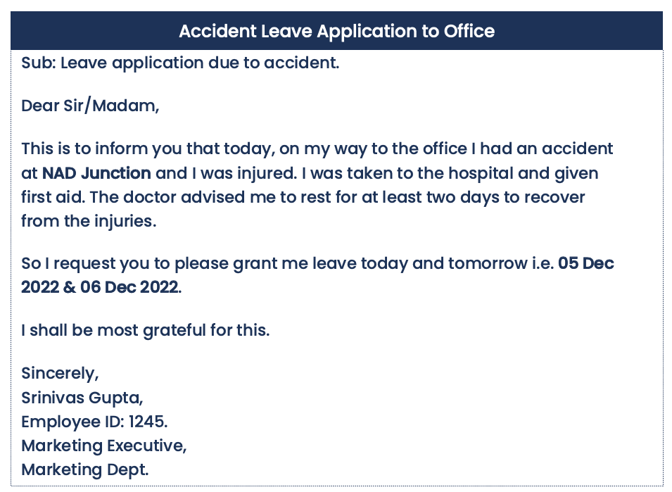 Accident leave application to office