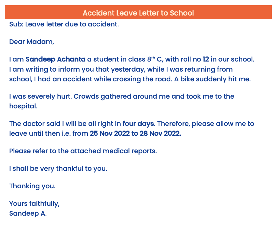 Accident leave letter to school