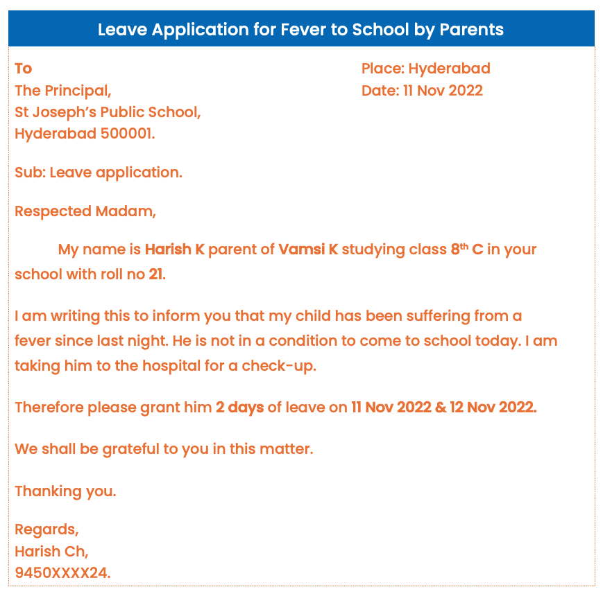 Leave Application for Fever to School by Parents