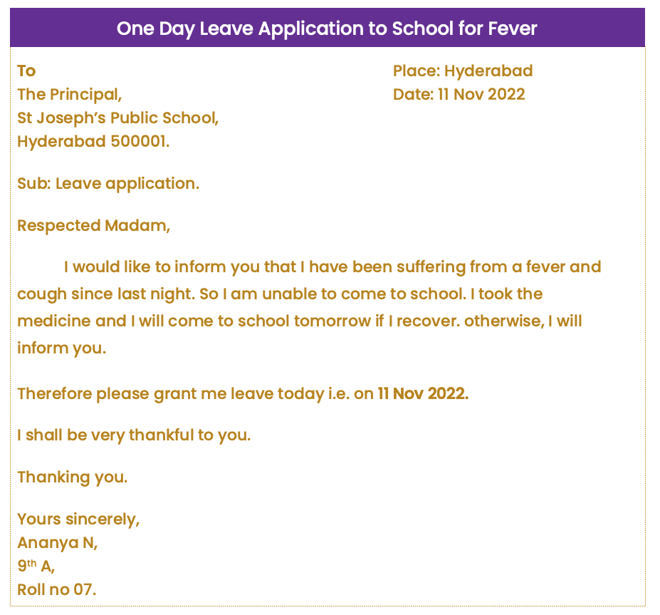 One day leave application to school for fever