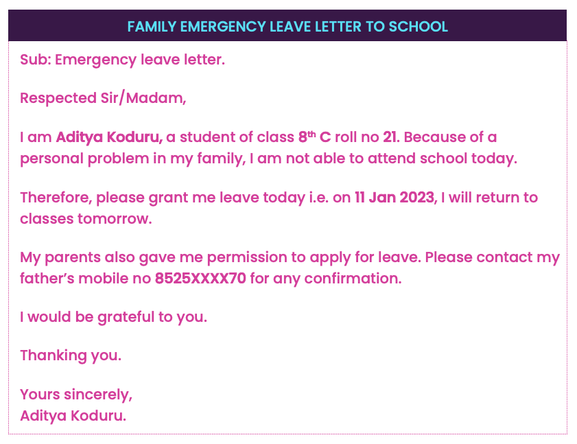 Family emergency leave letter to school