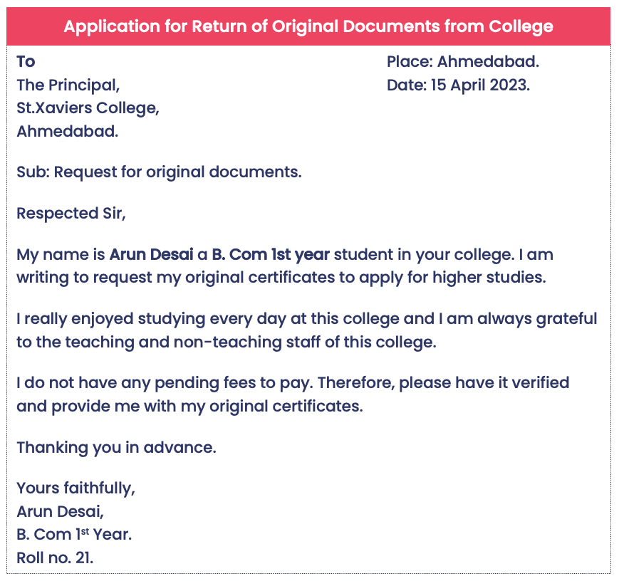 Application for Original Documents Return for New College Admission