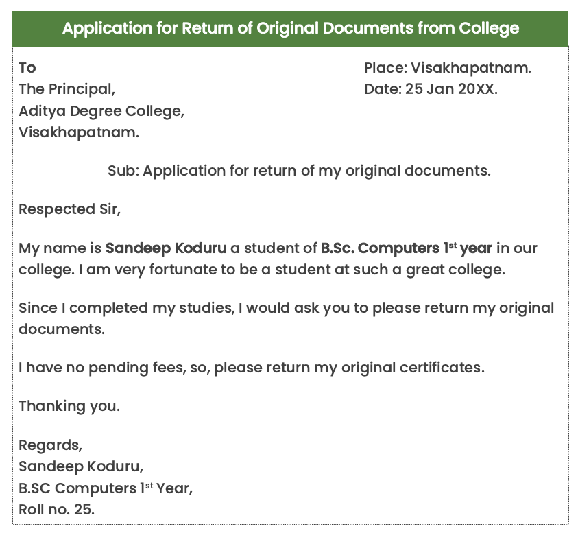 application letter for taking documents back