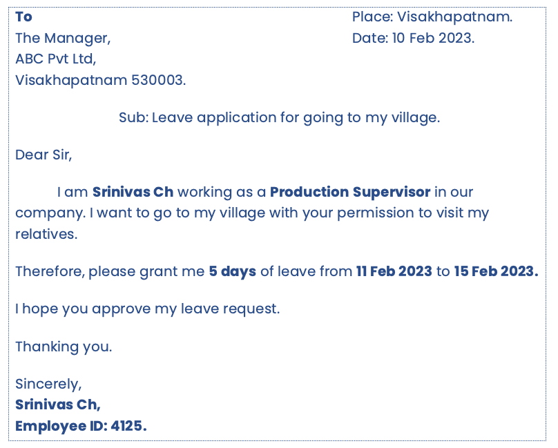 Leave application for going to village