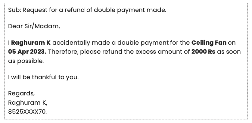 Double payment refund request letter