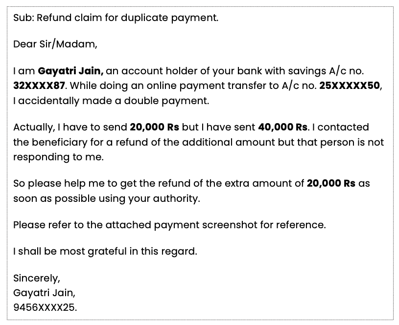 Double payment refund request to bank