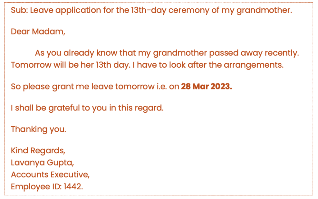 Leave Application for 13th Day Ceremony After Death of Grandmother