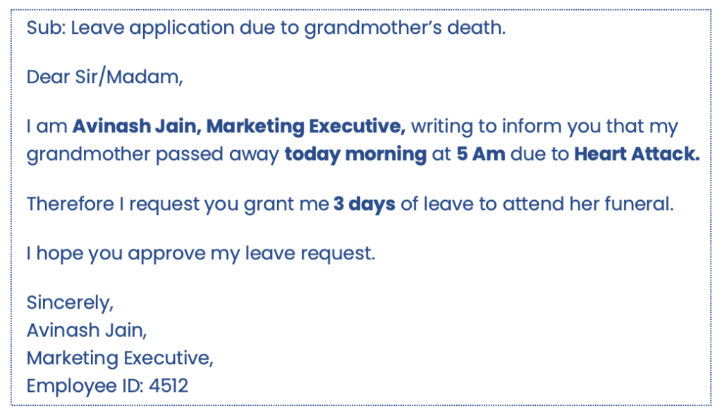 Leave Application for Death of Grandmother for Office