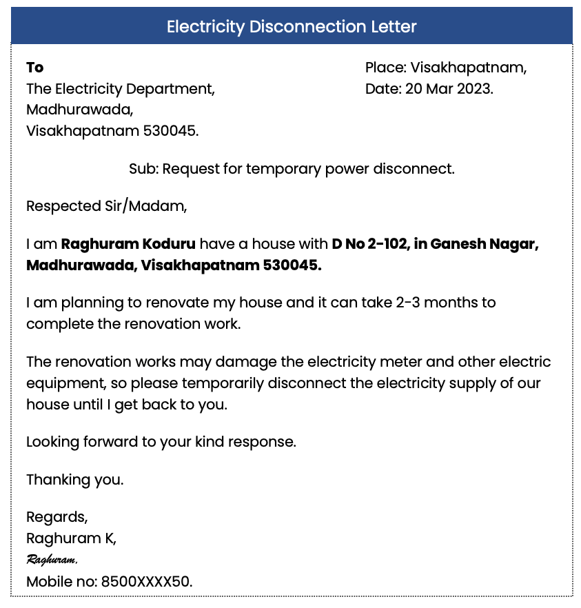 Request letter for disconnection of electricity temporarily