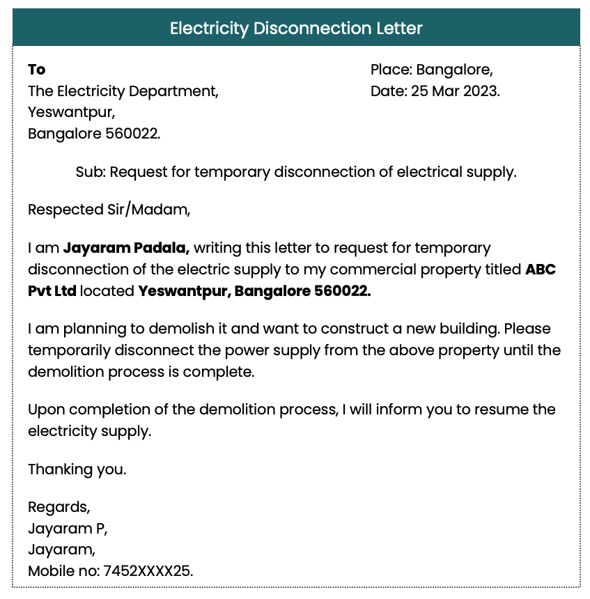 Sample letter for disconnection of electricity connection