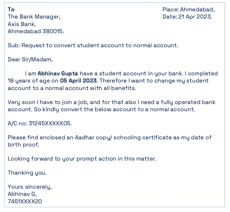 Student account to general account application to bank manager.