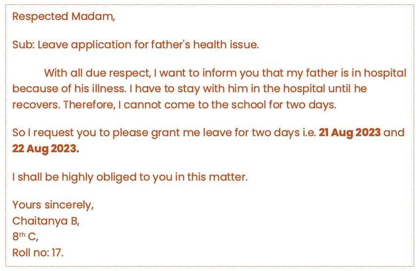 My father health is not well leave letter to school