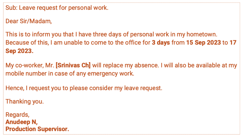 Leave email for office for personal reason