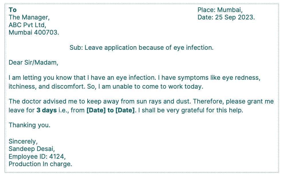 Two days leave application due to eye infection